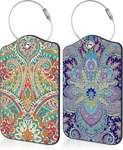 2 Pack Luggage Tags Paisley Pattern and Ethnic Style Floral PU Leather Baggage Tag with Privacy Cover Stainless Steel Loop and Name ID Card for Men Women Travel Bag Luggage Accessories