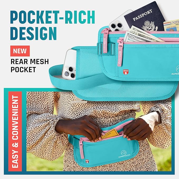 Alpha Keeper Hidden Travel Money Belt - RFID Blocking Waist Wallet & Passport Holder for Women and Men, Anti-Theft Slim Security Pouch