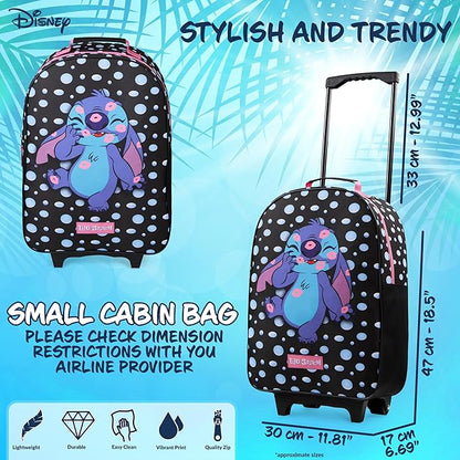 Disney Kids Rolling Luggage 16×11 in, 16‑L Carry‑On Suitcase with Wheels, Foldable Lightweight Travel Bag, Gifts for Kids(Black Stitch)