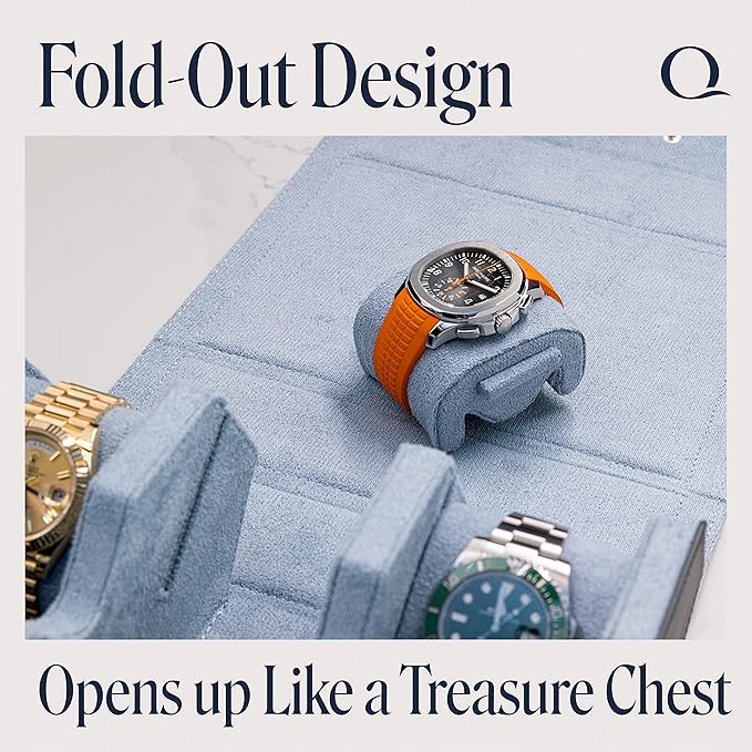 QWATCHBANDS Napa Leather Watch Case for Men - Watch Roll Storage Organizer & Watch Display - Six Slot Luxury Watch Box for Home or Travel - Mens 6 Watch Holder Case (Gray Blue)