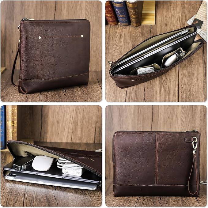 Top Grain Leather 14.2" Slim Laptop 90° Zipper Bag, Removable Wristlet & 4 Pockets, Compatible with 2024 MacBook Pro 14.2" M1 M2 M3 M4 Pro/Max A2442 & Other Laptop, Red Coffee 14.2 Inch
