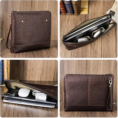 Top Grain Leather 14.2" Slim Laptop 90° Zipper Bag, Removable Wristlet & 4 Pockets, Compatible with 2024 MacBook Pro 14.2" M1 M2 M3 M4 Pro/Max A2442 & Other Laptop, Red Coffee 14.2 Inch