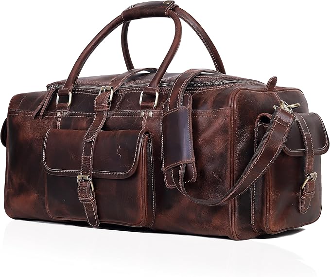 Leather Farm Travel Duffel Bags for Men & Women - Premium 24" Mens Weekender Overnight Gym Bag, Carry-On Luggage with Spacious Compartments, Stylish Leather Duffel Bag for Airplane, Sports & Trips