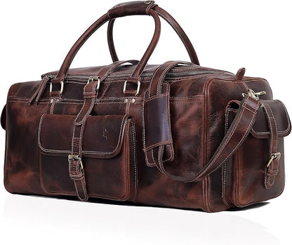Leather Farm Travel Duffel Bags for Men & Women - Premium 24" Mens Weekender Overnight Gym Bag, Carry-On Luggage with Spacious Compartments, Stylish Leather Duffel Bag for Airplane, Sports & Trips