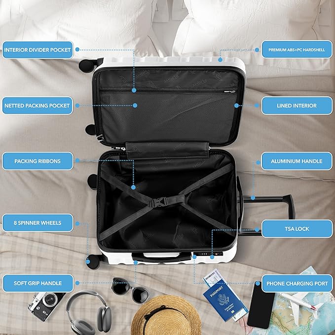 Flight Knight 24x16x10 Expandable Carry On Suitcase Hardside TSA Lock USB C Lightweight Luggage Silent Double Spinner Wheels Maximum Overhead Carry-On Bag For Virgin & South West Approved Airlines