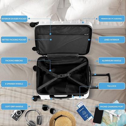 Flight Knight 24x16x10 Expandable Carry On Suitcase Hardside TSA Lock USB C Lightweight Luggage Silent Double Spinner Wheels Maximum Overhead Carry-On Bag For Virgin & South West Approved Airlines