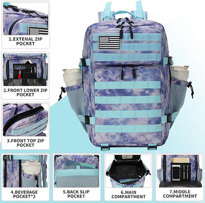 45L Tactical Assault Backpack 3 day assault pack with Molle Waterproof backpack Rucksack for Tactical Backpacks (Blue Tie-Dye)