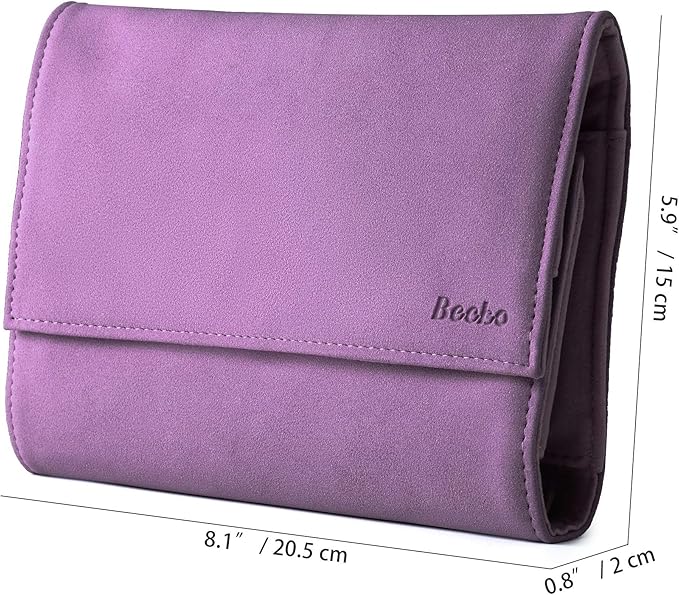Becko US Jewelry Organizer Roll Travel Jewel Bag case for Multiple Necklaces, Rings, Bracelets, Supple Leather & Suede, Large Capacity Without Crease, Lightweight, Portable & Practical (Purple)