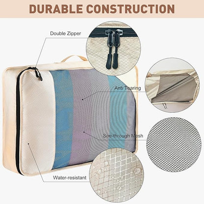 8-Piece Packing Cubes for Travel, Mesh Luggage Organizers with Shoe Bag, Toiletry Bag, Laundry Pouches, 4 Sizes (XL/L/M/S) for Suitcase Organization, Men Women Kids, Beige