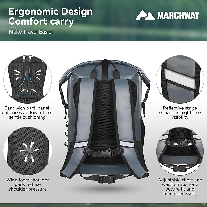 MARCHWAY Roll Top Waterproof Backpack, Floating Dry Bag 20L/30L/45L with Ergonomic Rectangular Base, Cushioned Back, Hip Strap for Hiking Camping Kayaking Travel (Grey, 30L)