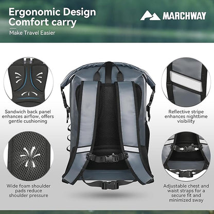 MARCHWAY Roll Top Waterproof Backpack, Floating Dry Bag 20L/30L/45L with Ergonomic Rectangular Base, Cushioned Back, Hip Strap for Hiking Camping Kayaking Travel (Grey, 20L)