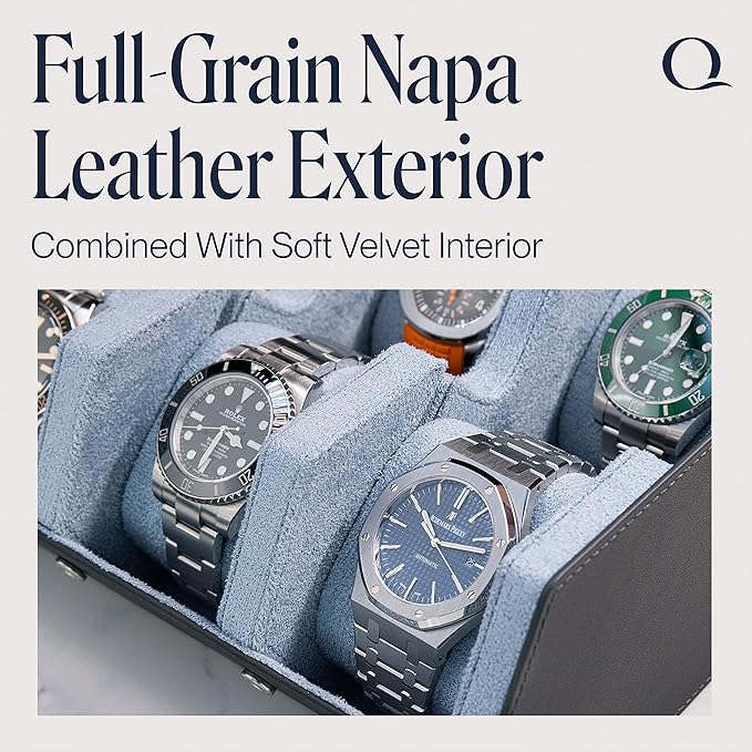 QWATCHBANDS Napa Leather Watch Case for Men - Watch Roll Storage Organizer & Watch Display - Six Slot Luxury Watch Box for Home or Travel - Mens 6 Watch Holder Case (Gray Blue)