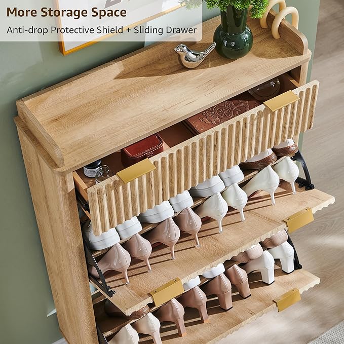 T4TREAM Fluted Shoe Storage Cabinet with 2 Flip Drawers & Top Drawer, 48" Tall Narrow Shoe Organizer, Curved Profile Design, Wooden Shoe Rack for Entryway, Hallway - Natural Oak