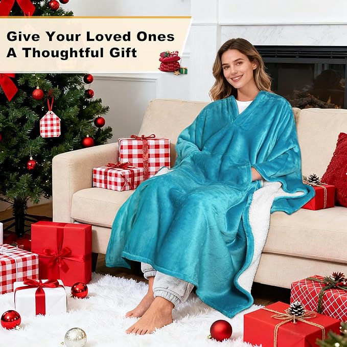 Catalonia Sherpa Wearable Blanket Poncho for Adult Women Men, Wrap Blanket Cape with Pocket, Warm, Soft, Cozy, Snuggly, Comfort Gift, No Sleeves, Aqua