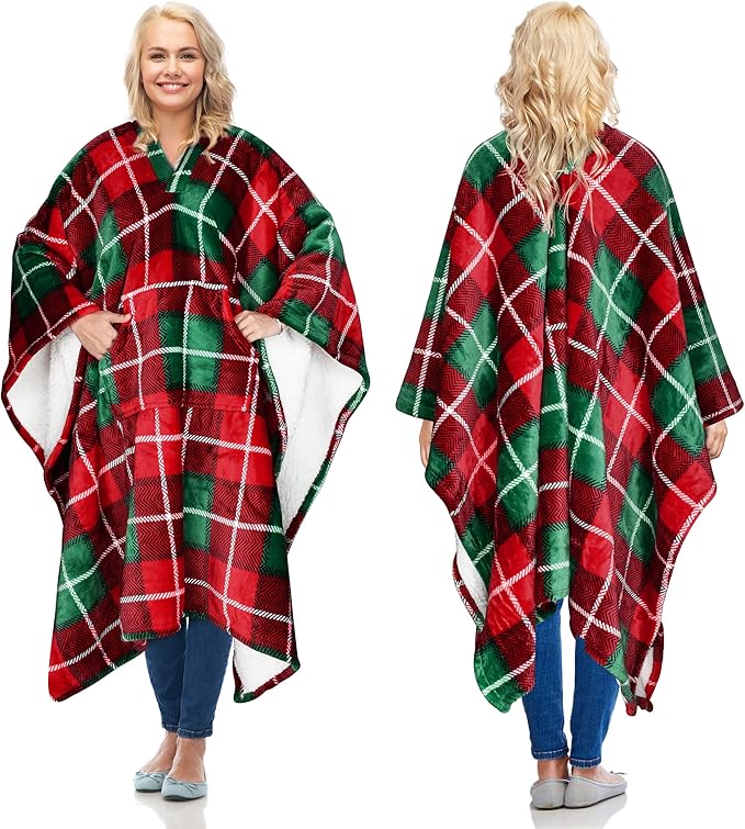 Catalonia Sherpa Wearable Blanket Poncho for Adult Women Men, Wrap Blanket Cape with Pocket, Warm, Soft, Cozy, Snuggly, Comfort Gift, No Sleeves, Plaid Buffalo Christmas