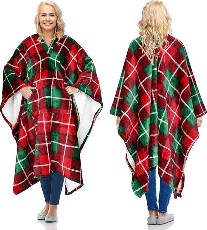 Catalonia Sherpa Wearable Blanket Poncho for Adult Women Men, Wrap Blanket Cape with Pocket, Warm, Soft, Cozy, Snuggly, Comfort Gift, No Sleeves, Plaid Buffalo Christmas