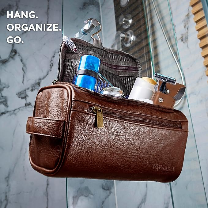 MINARAI-Mens Toiletry Bag with Razor Case–Premium Leather-Look Hygiene Bag for men with Wide-Open Access,Hanging Design,and Strong Structure–Built for Travel, Gym, and Everyday Organization–DARK BROWN