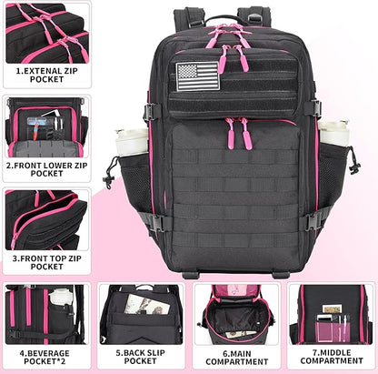 45L Tactical Assault Backpack 3 day assault pack with Molle Waterproof backpack Rucksack for Tactical Backpacks (Black Rose)