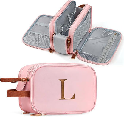 YOOLIFE Initial Toiletry Bag - Personalized Gifts for Women, 18th 20th 21st 30th 40th Birthday Gifts for Women Her, Personalized Initial Makeup Cosmetic Bags Sister Daughter Teacher Mom Gift L Pink