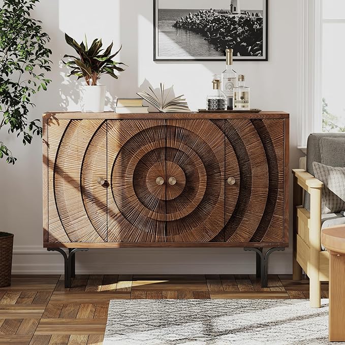 Farmhouse 4-Door Storage Cabinet, Accent Sideboard Buffet Cabinet with Circle Pattern and Radioactive Wood Lines, for Living Room, Dining Room, Bedroom, Brown