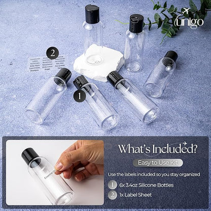 unigo Travel Bottles for Toiletries,TSA Approved Silicone Travel Containers for Toiletries, Plastic Bottles, Leak Proof Refillable Bottles, Shampoo (Transparent, 6-Pack Plastic Bottles Set (100ml))
