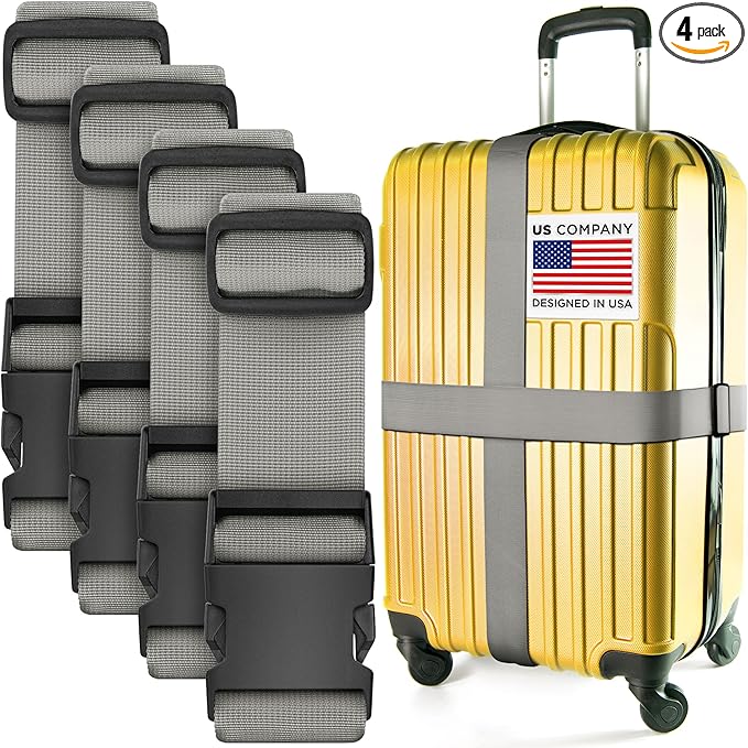 Luggage Straps for Suitcases - TSA Approved - Silver, 4 PK - Premium Nylon Belts for Suitcase, Briefcase & Travel Bag - Adjustable Strap Length 46" - 78"