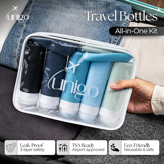 unigo Travel Bottles For Toiletries, 5-pack 3.oz TSA Aprroved Travel Size Bottles, Containers For Toiletries, BPA Free, Leak Prrof, Refillable Containers Bottles (Blue)