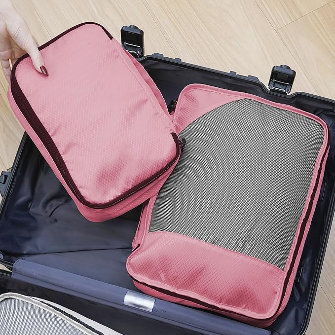 Packing Cubes for Travel, 8-Piece Mesh Holographic Stripe Mesh Luggage Organizers with Shoe Bag, Toiletry Bag, Laundry Pouches, 4-Sizes set for Suitcase Organization, Men Women Kids, Pink