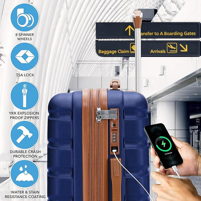 Flight Knight 22x14x9" Expandable Carry On Suitcase Hardside TSA Lock USB C Port Lightweight Luggage Silent Double Spinner Wheels Maximum Overhead Carry-On Bag For American & United Approved Airlines