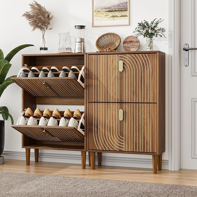 Spaco Walnut Shoe Cabinet with 2 Flip Drawers for Entryway,Narrow Shoe Storage Cabinet with Wood Leg,Freestanding Slim Shoe Organizer for Entryway, Hallway