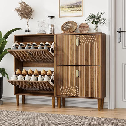 Spaco Walnut Shoe Cabinet with 2 Flip Drawers for Entryway,Narrow Shoe Storage Cabinet with Wood Leg,Freestanding Slim Shoe Organizer for Entryway, Hallway