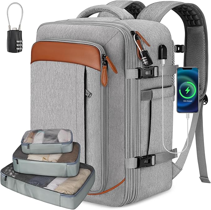 Vancropak Carry on Backpack, Flight Approved 18x14x8 Travel Backpack with 3 Packing Cubes, Expandable Large 40L Travel Bag fits 17.3" Laptop, Anti Theft Luggage Suitcase Weekend for Women Men, Grey