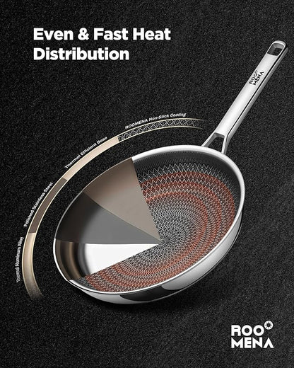 Non Stick Frying Pans Hybrid Ceramic, 12 Inch Tri-Ply Stainless Steel Skillet, Non-Toxic, PFAS/PFOA/PTFE Free, Metal Utensil Safe, Dishwasher & Oven Safe, Induction Compatible