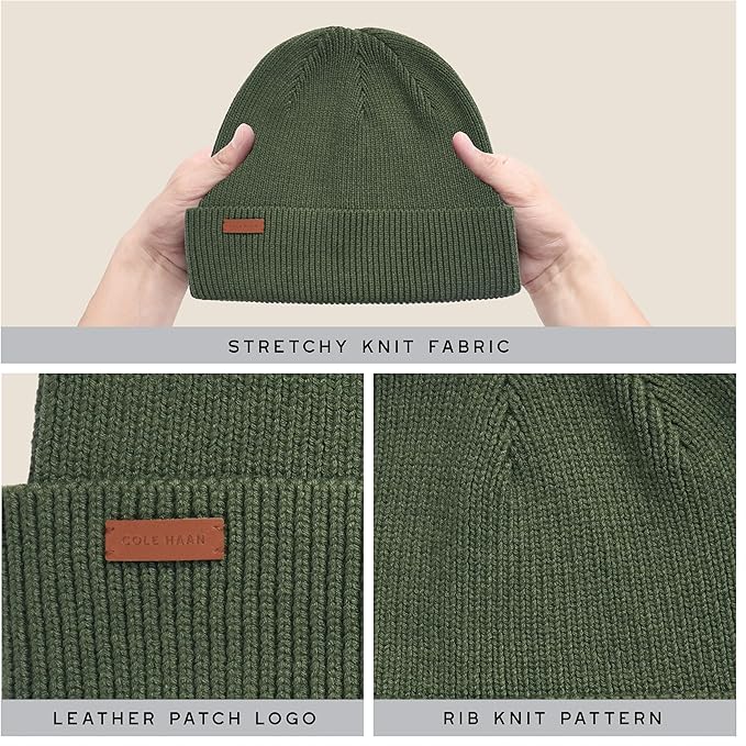 Cole Haan Men's Heritage Rib Cuff Wool Beanie Hat, One Size