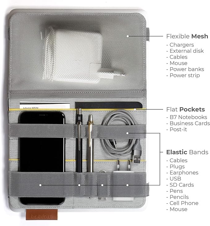Beblau FOLD Portable TECH Organizer attachable to your Devices | Desk Sleeve | Gadget case | Working from Home Essentials | Laptop accessories | Backpack Insert | Portfolio |
