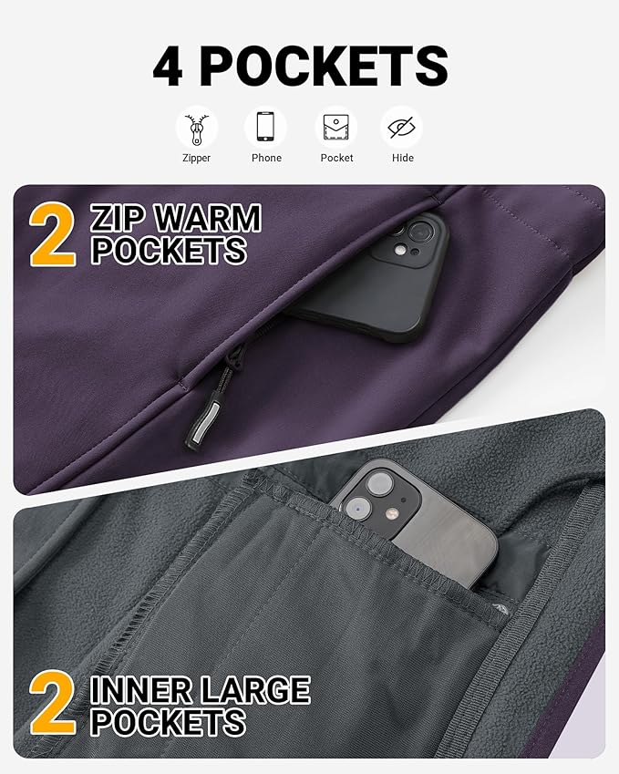 Outdoor Ventures Women's Lightweight Waterproof Fleece Lined Hooded Softshell Rain Jacket, Warm Windbreaker Long Coat