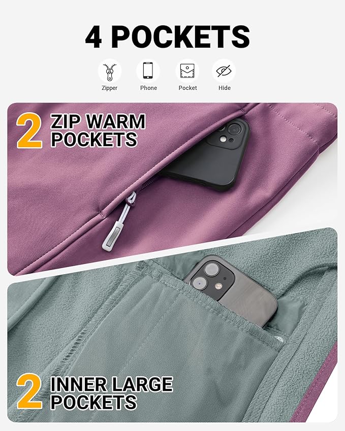 Outdoor Ventures Women's Lightweight Waterproof Fleece Lined Hooded Softshell Rain Jacket, Warm Windbreaker Long Coat