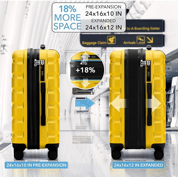 Flight Knight 24x16x10 Expandable Carry On Suitcase Hardside TSA Lock USB C Lightweight Luggage Silent Double Spinner Wheels Maximum Overhead Carry-On Bag For Virgin & South West Approved Airlines