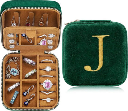 Parima Travel Jewelry Case - Small Mini Box for Women, Organizer, Personalized Custom Monogrammed Letter J, Green