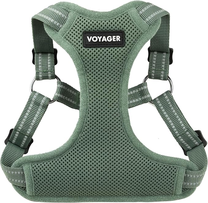 Best Pet Supplies Voyager Mesh Dog Breathable Harness Reflective Stitching, All Weather Adjustable for Walking Training, or Running - Heavy Duty & Durable, Moss Green, L