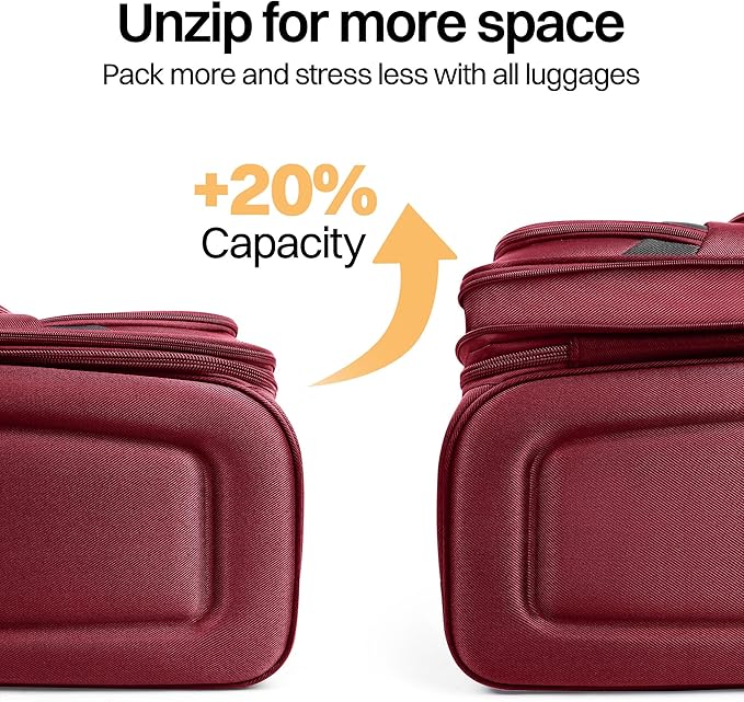 2-Piece Set Front Opening,Softside Luggage Sets w/Double Spinner Wheels Expandable Luggage,Lightweight Travel Luggage Rolling Suitcase w/LOCK（Burgundy-Grey,20in/28in）
