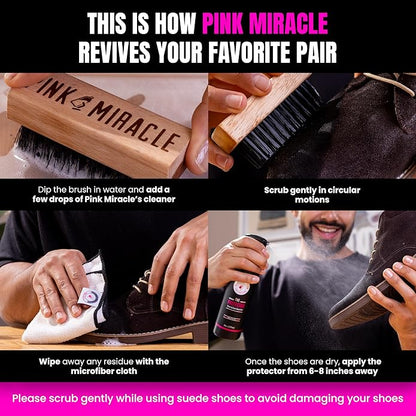 Pink Miracle Shoe Care Kit - Includes 8 oz. Shoe Cleaner and Brush, The Protector Sneaker Repellent Spray, Shoe Cleaning Wipes (5), and a Microfiber Towel