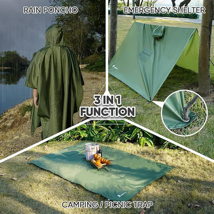 PTEROMY Hooded Rain Poncho for Adult with Pocket, Waterproof Lightweight Unisex Raincoat for Hiking Camping Emergency