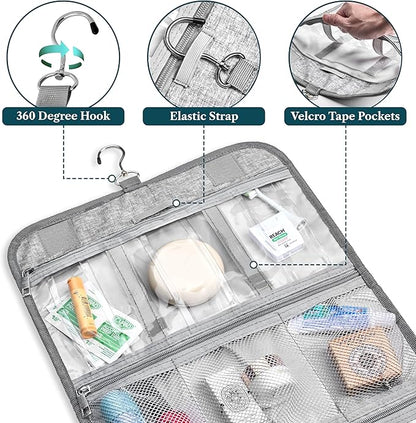 PAVILIA Hanging Toiletry Bag Women Men, Travel Kit Foldable Large Toiletries Organizer, Roll up Cosmetics Makeup Bag Accessories, Waterproof Essentials Jewelry Case (Heather Grey)