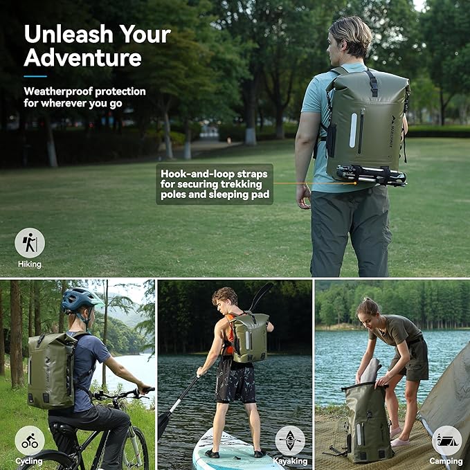 MARCHWAY Roll Top Waterproof Backpack, Floating Dry Bag 20L/30L/45L with Ergonomic Rectangular Base, Cushioned Back, Hip Strap for Hiking Camping Kayaking Travel (Army Green, 20L)