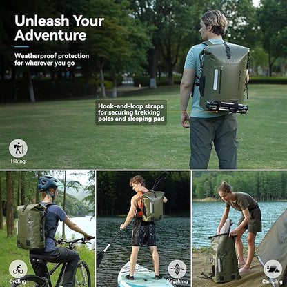 MARCHWAY Roll Top Waterproof Backpack, Floating Dry Bag 20L/30L/45L with Ergonomic Rectangular Base, Cushioned Back, Hip Strap for Hiking Camping Kayaking Travel (Army Green, 30L)