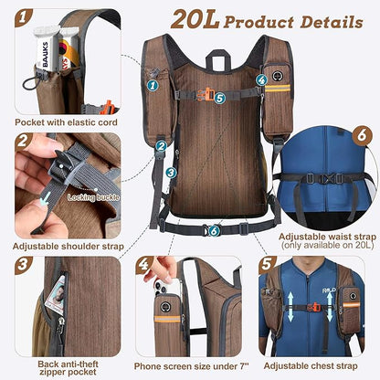 20L Small Hiking Backpack for Men Women Foldable Packable Back Pack Ultralight Hiking Daypack for Travel Camping Outdoor, Chocolate Brown
