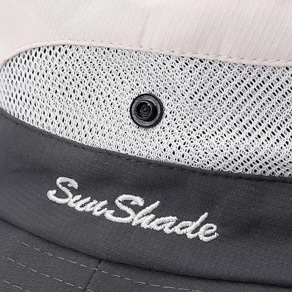 Womens Summer Sun Hat Beach Hat Wide Brim Outdoor UV Protection Hat Foldable Cool Mesh Ponytail Bucket Hat