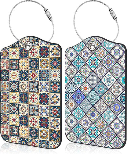 2 Pack Luggage Tags Colorful Moroccan Portuguese Tiles PU Leather Baggage Tag with Privacy Cover Stainless Steel Loop and Name ID Card for Men Women Travel Bag Luggage Accessories