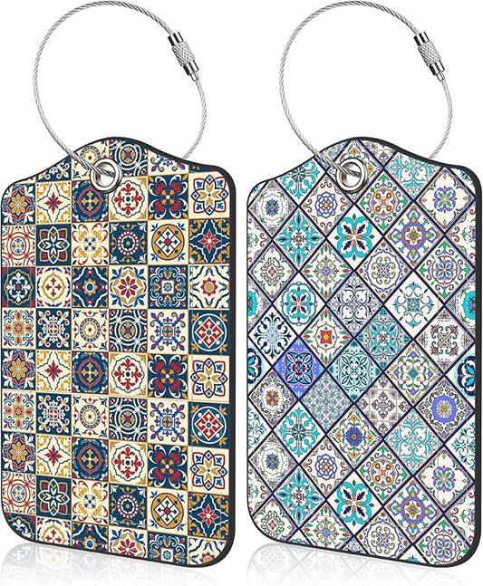 2 Pack Luggage Tags Colorful Moroccan Portuguese Tiles PU Leather Baggage Tag with Privacy Cover Stainless Steel Loop and Name ID Card for Men Women Travel Bag Luggage Accessories